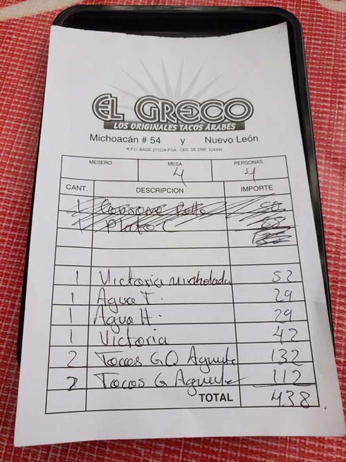 Check, Taquería El Greco, Hipódromo, Mexico City/Ciudad de México, Mexico, September 1, 2023