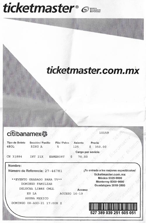 Ticket, Domingo Familiar de Lucha Libre CMLL, Arena México, Dr. Lavista 189, Colonia Doctores, Mexico City/Ciudad de México, Mexico, August 8, 2021