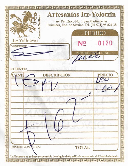 Receipt, Itz-Yollotzin Teotihuacán, Teotihuacán, Estado de México, Mexico