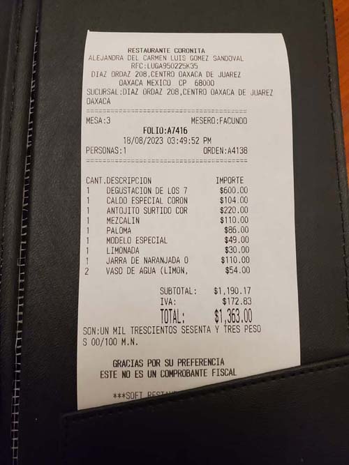 Check, Restaurante Coronita, Oaxaca, México, August 18, 2023