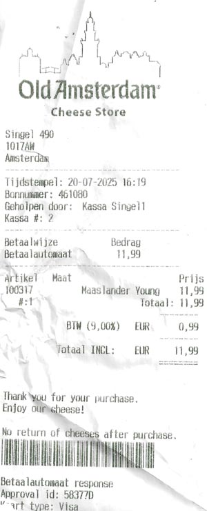 Receipt, Old Amsterdam Cheese Store, Singel 490, Amsterdam, Netherlands
