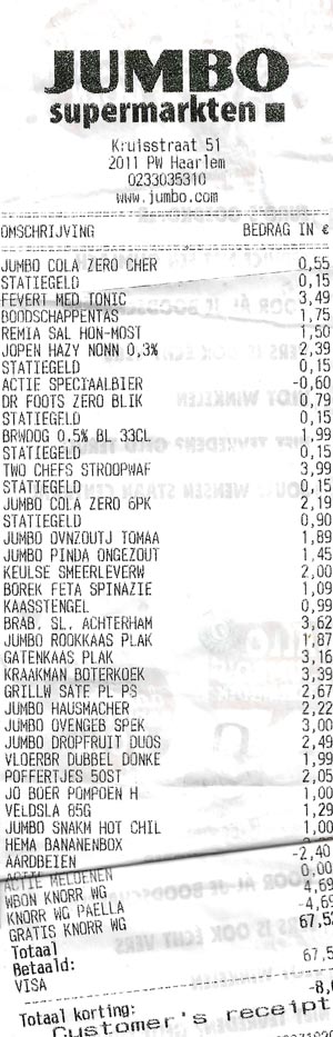 Receipt, Jumbo, Kruisstraat 51, Haarlem, Netherlands