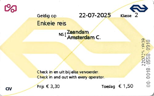Nederlandse Spoorwegen Zaandam-Amsterdam Centraal Train Ticket
