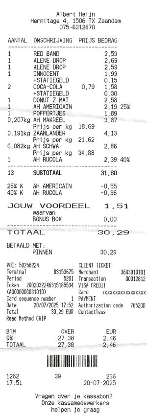 Receipt, Albert Heijn, Hermitage 4, Zaandam, Netherlands