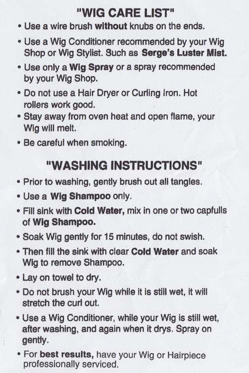 Serge's Showgirl Wigs Wig Care List
