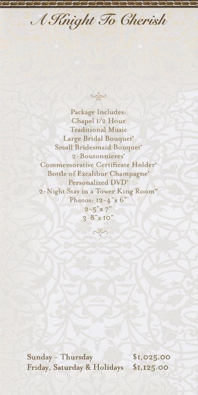 A Knight to Cherish Information, Brochure, Canterbury Wedding Chapel, Excalibur Hotel & Casino, 3850 Las Vegas Boulevard South, Las Vegas, Nevada