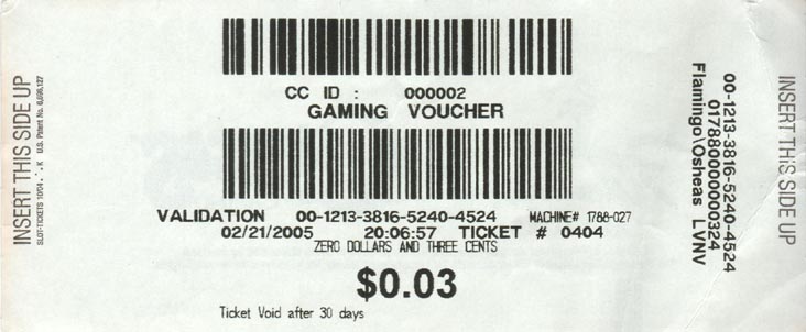 Gaming Voucher, Flamingo Las Vegas, 3555 South Las Vegas Boulevard, Las Vegas, Nevada