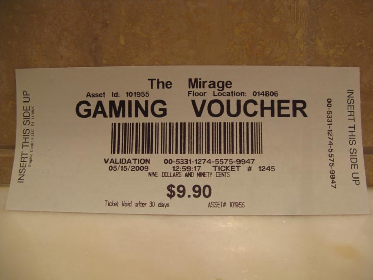 Gaming Voucher, The Mirage, 3400 Las Vegas Boulevard South, Las Vegas, Nevada