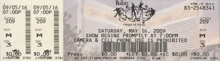 Ticket, Cirque du Soleil's Love, The Mirage, 3400 Las Vegas Boulevard South, Las Vegas, Nevada