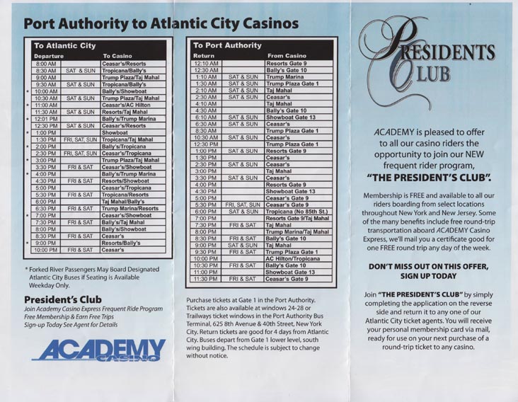 Academy Bus Port Authority to Atlantic City Casinos Schedule