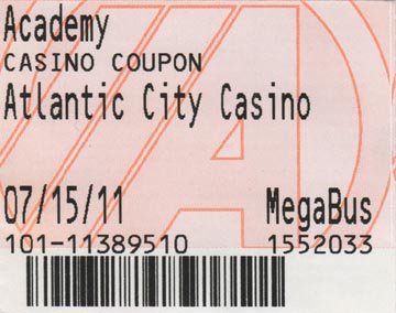 Ticket, Academy Bus Atlantic City Trip, July 15, 2011