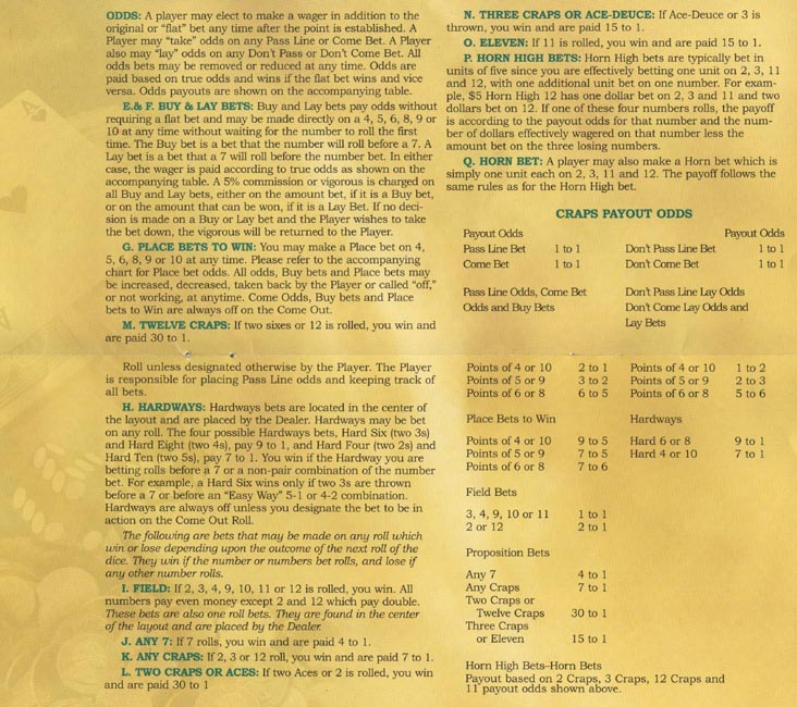 Craps Instructions, Bally's Gaming Guide