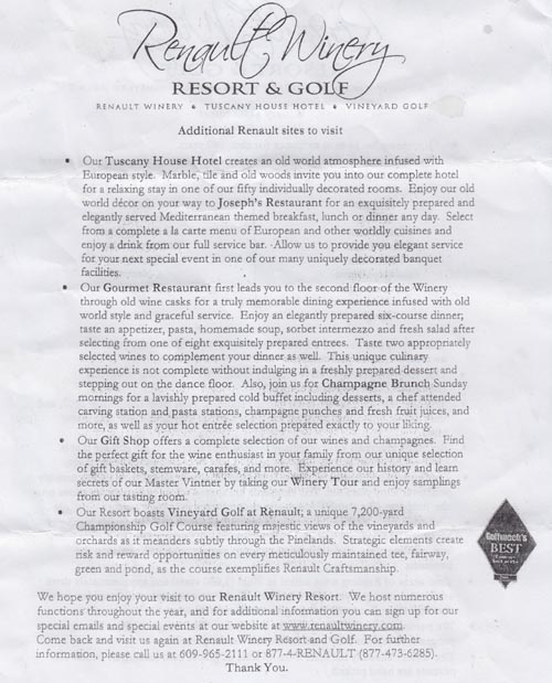 Renault Winery Resort & Golf Information