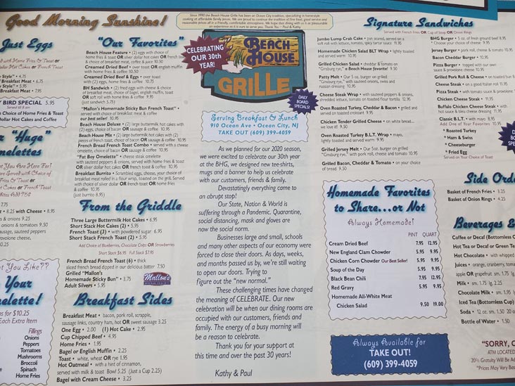 Placemat, Beach House Grille, Ocean City, New Jersey, July 11, 2020