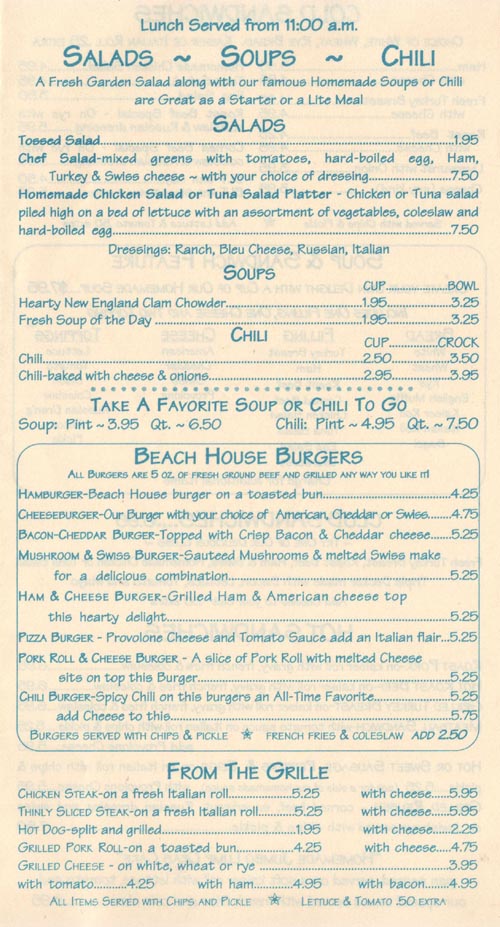 Beach House Grille Lunch Items