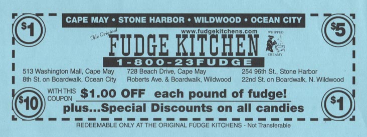 Coupon, The Original Fudge Kitchen, 800 Boardwalk, Ocean City, New Jersey