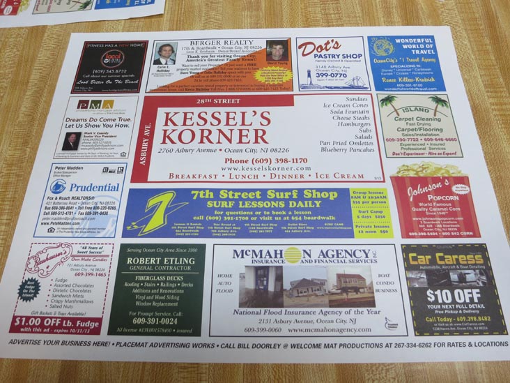Placemat, Kessel's Korner, 2760 Asbury Avenue, Ocean City, New Jersey, July 21, 2013