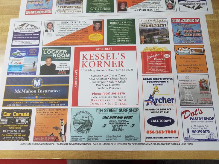 Placemat, Kessel's Korner, 2760 Asbury Avenue, Ocean City, New Jersey, July 27, 2018