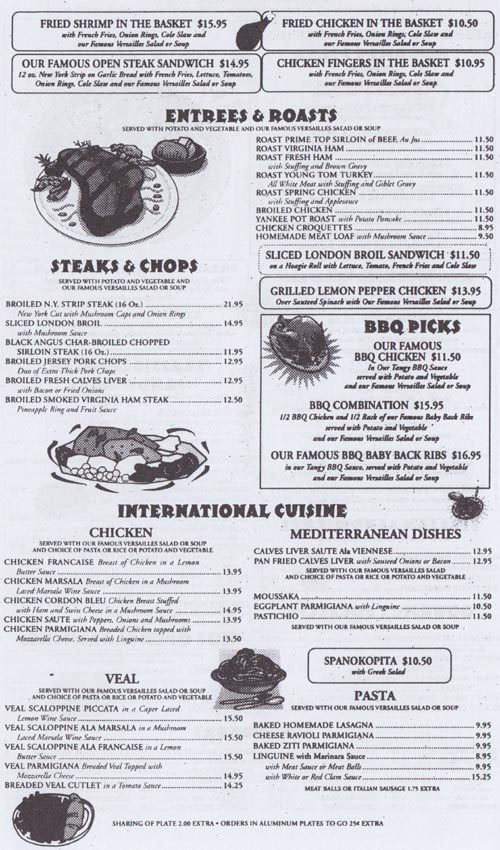 Menu, Versailles Diner Restaurant, 516 Route 46 East, Fairfield, New Jersey