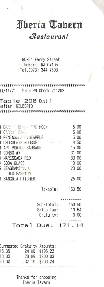 Check, Iberia Tavern & Restaurant, 82 Ferry Street, Newark, New Jersey, November 11, 2021