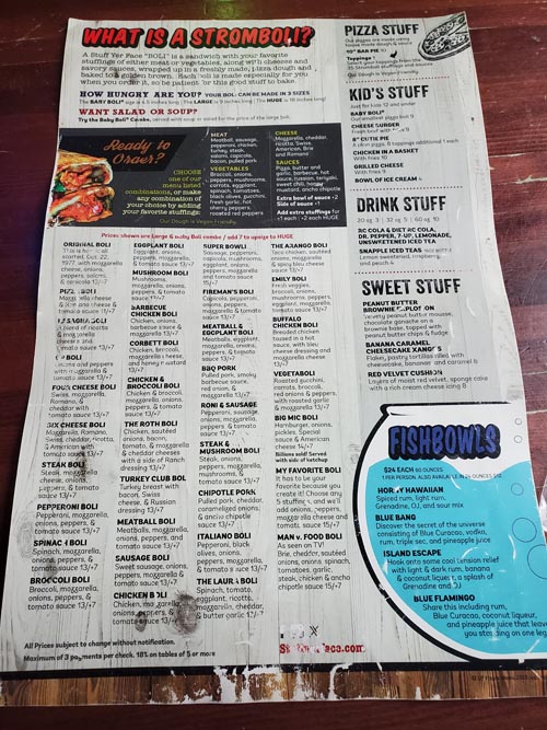 Stromboli Menu, Stuff Yer Face, New Brunswick, New Jersey, March 15, 2025