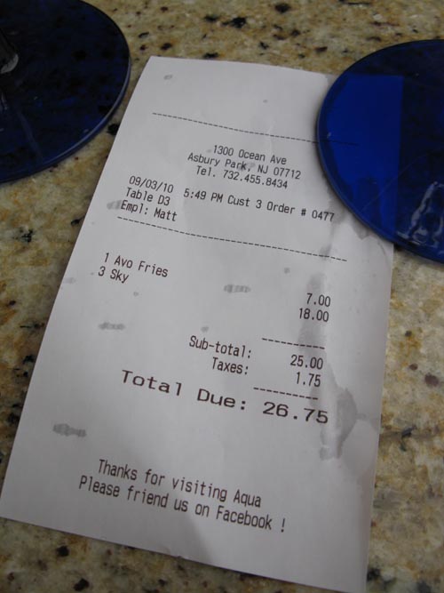 Check, AQUA Oceanfront Restaurant & Bar, 1300 Ocean Avenue, Asbury Park Convention Hall, Asbury Park, New Jersey