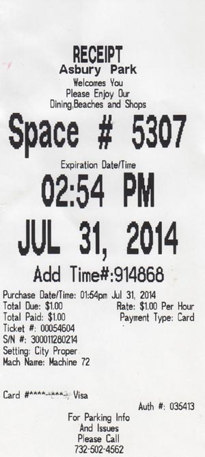 Parking Receipt, Space #5307, Asbury Park, New Jersey, July 31, 2014