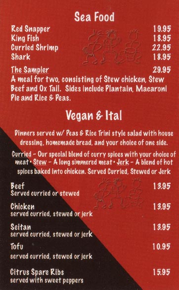 Seafood and Vegan & Ital Dishes, Menu, Sister Sue's Restaurant, 311 Bond Street, Asbury Park, New Jersey