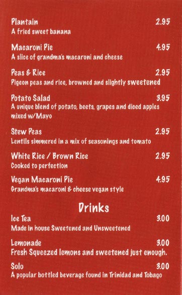 Sides and Beverages, Menu, Sister Sue's Restaurant, 311 Bond Street, Asbury Park, New Jersey