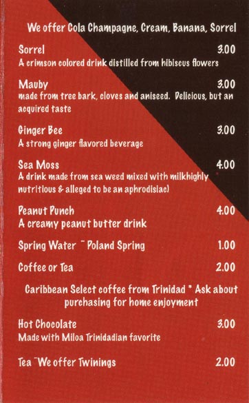 Beverages, Menu, Sister Sue's Restaurant, 311 Bond Street, Asbury Park, New Jersey