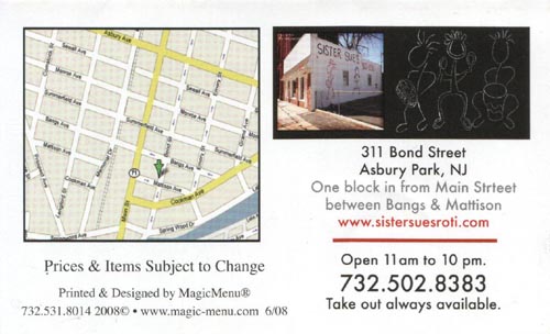 Menu, Sister Sue's Restaurant, 311 Bond Street, Asbury Park, New Jersey