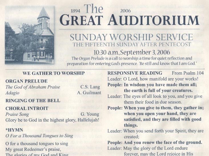 Sunday Worship Service Program, September 3, 2006, The Great Auditorium, Ocean Grove Camp, Ocean Grove, New Jersey, September 3, 2006