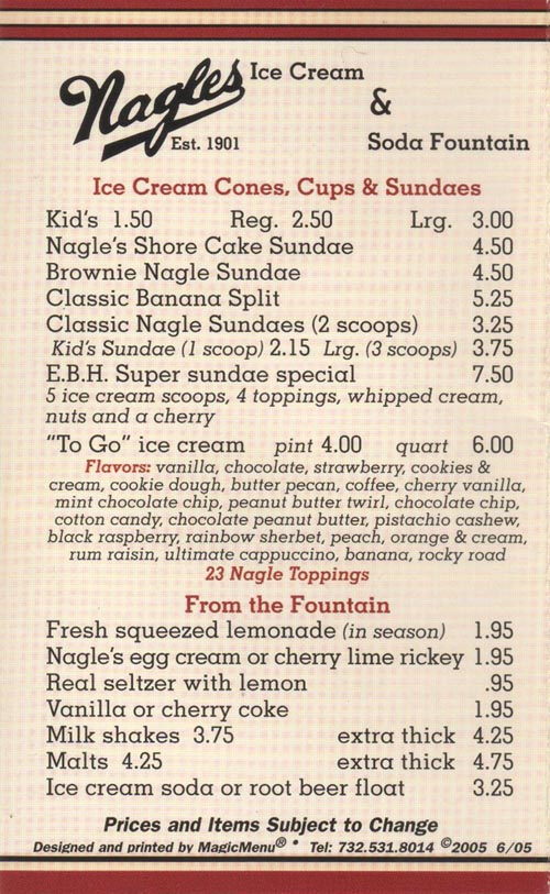 Ice Cream Menu, Nagle's Apothecary Cafe, 43 Main Avenue, Ocean Grove, New Jersey