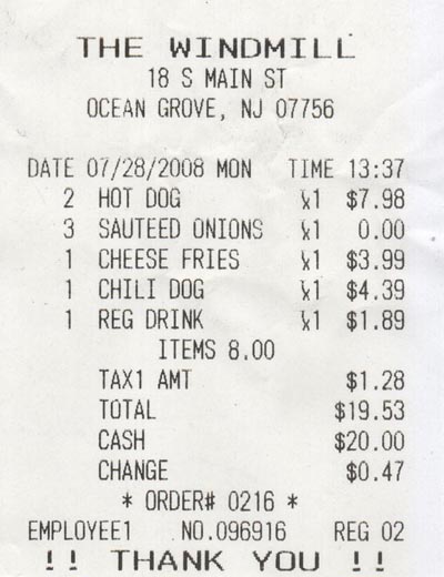 Receipt, WindMill Hot Dogs, 18 South Main Street, Ocean Grove, New Jersey