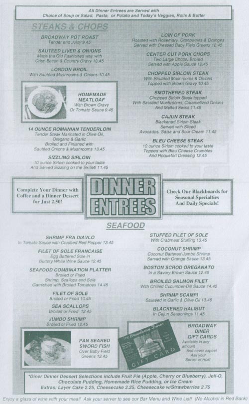 Dinner Entrees, Menu, Broadway Diner, 45 Monmouth Street, Red Bank, New Jersey