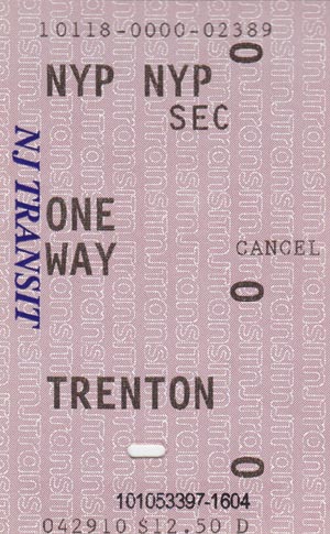 New York Penn Station-Trenton One-Way Ticket, April 2010