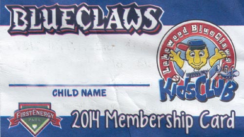 BlueClaws Kids Club 2014 Membership Card