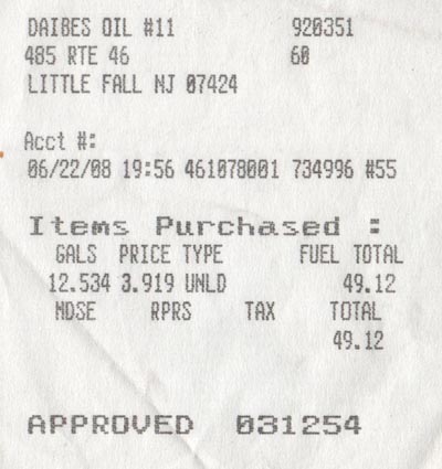 Receipt, Daibes Oil #11, 485 Route 46, Little Falls, New Jersey