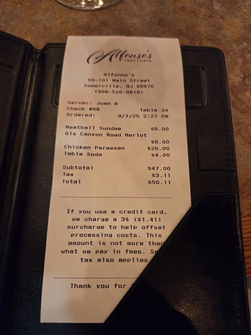 Check, Alfonso's Trattoria, Somerville, New Jersey, September 7, 2025