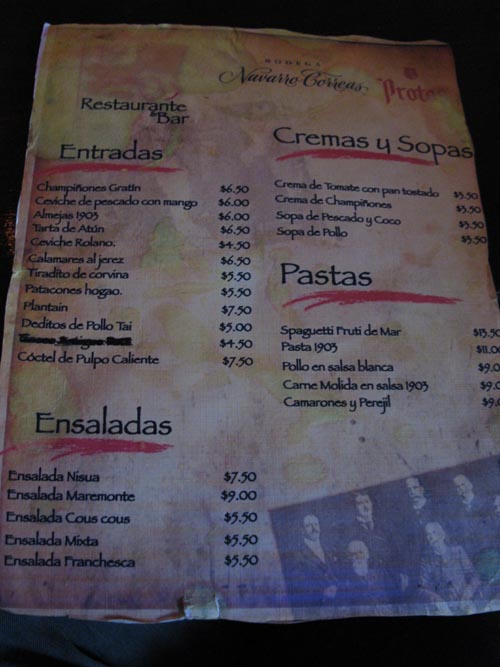 Menu, 1903 Restaurante & Bar, Calle Primera, San Felipe, Panama City, Panama, July 3, 2010
