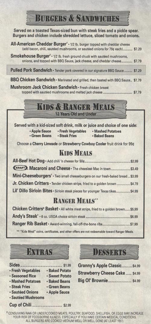 Texas Roadhouse Burgers & Sandwiches and Kids & Ranger Meals