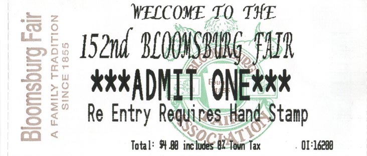 Ticket, 152nd Bloomsburg Fair, Bloomsburg, Pennsylvania