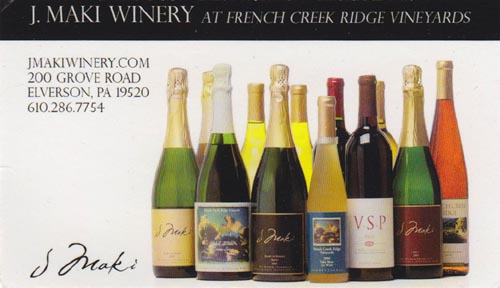 Business Card, J. Maki Winery, 200 Grove Road, Elverson, Pennsylvania, November 26, 2010