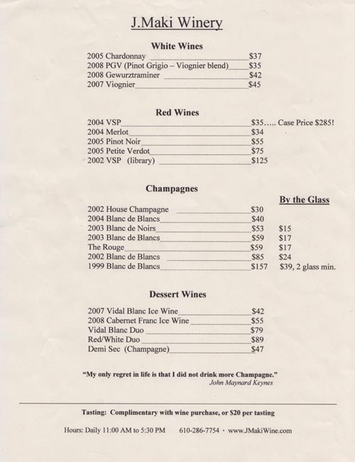 J. Maki Winery Price List