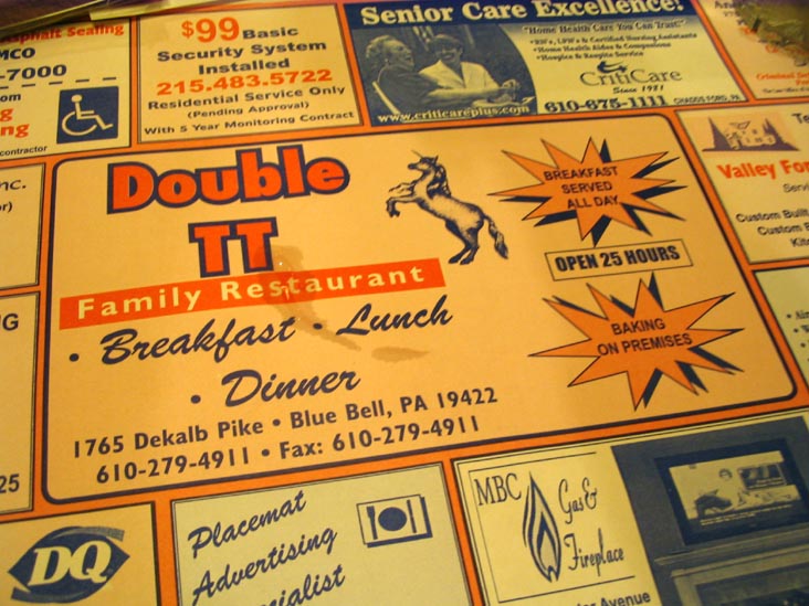 Placemat, Double TT Diner, 1765 Dekalb Pike, Blue Bell, Pennsylvania