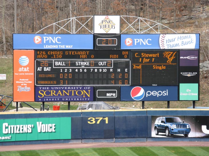 Scoreboard, Scranton/Wilkes-Barre Yankees vs. Rochester Red Wings, PNC Field, 235 Montage Mountain Road, Moosic, Pennsylvania, April 19, 2009