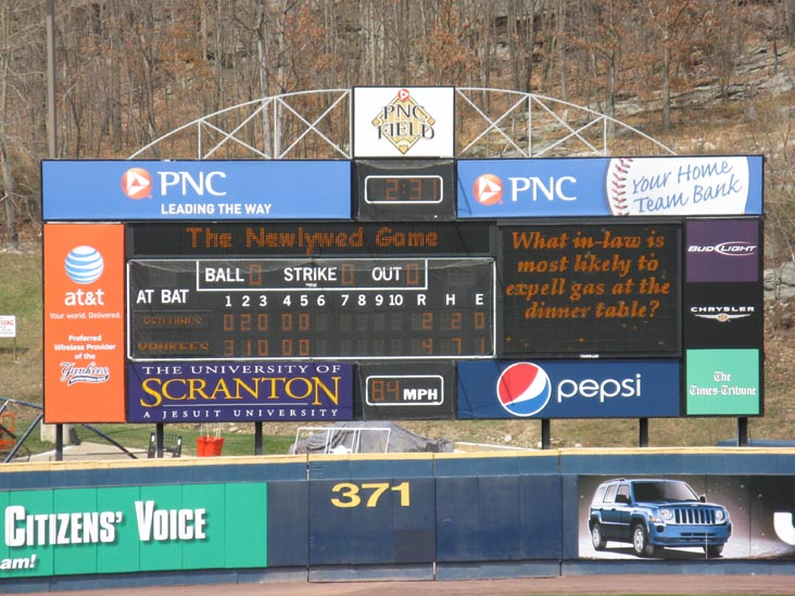 Scoreboard, Newlywed Between Innings Game, Scranton/Wilkes-Barre Yankees vs. Rochester Red Wings, PNC Field, 235 Montage Mountain Road, Moosic, Pennsylvania, April 19, 2009