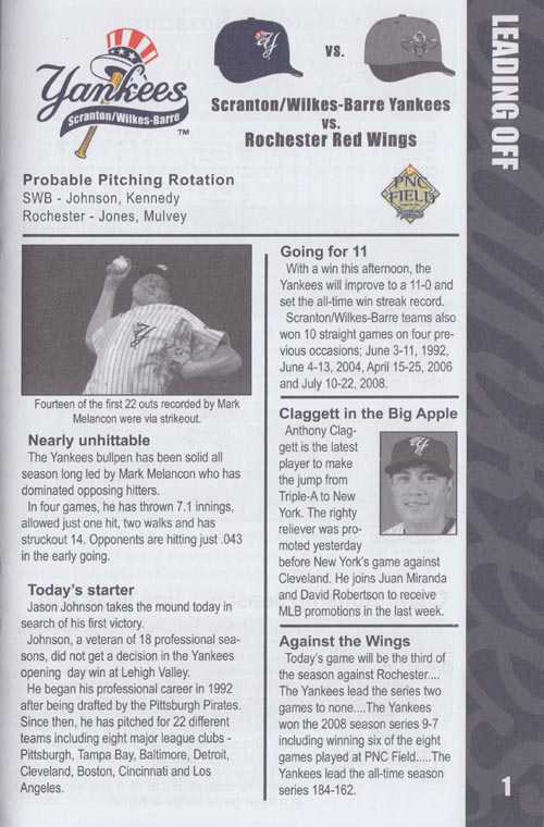 Play Ball Program, Scranton/Wilkes-Barre Yankees vs. Rochester Red Wings, PNC Field, 235 Montage Mountain Road, Moosic, Pennsylvania, April 19, 2009