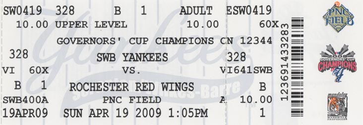 Ticket, Scranton/Wilkes-Barre Yankees vs. Rochester Red Wings, PNC Field, 235 Montage Mountain Road, Moosic, Pennsylvania, April 19, 2009