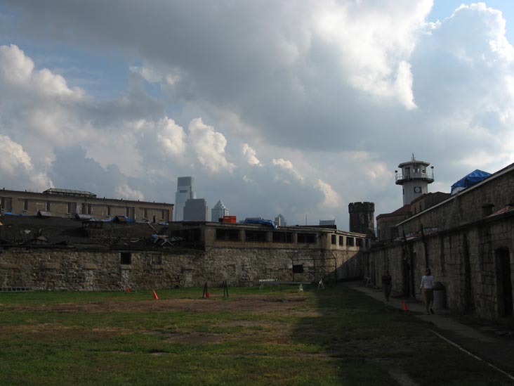 Baseball Diamond, Central Guard Tower and Center City Skyline From Exercise Yard, Eastern State Penitentiary, 2027 Fairmount Avenue, Fairmount, Philadelphia, Pennsylvania